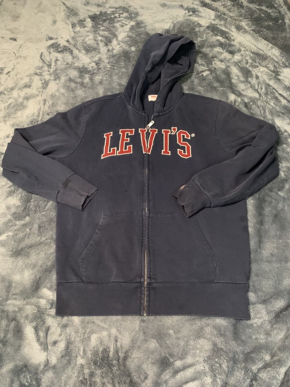 Vintage Levi's Hoodie Mens Size M Medium Navy Zip-Up Embroidered Logo